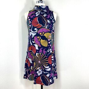 Mixie Psychedelic Colorful Shift Dress SM Rolled Collar Pockets Sleeveless USA